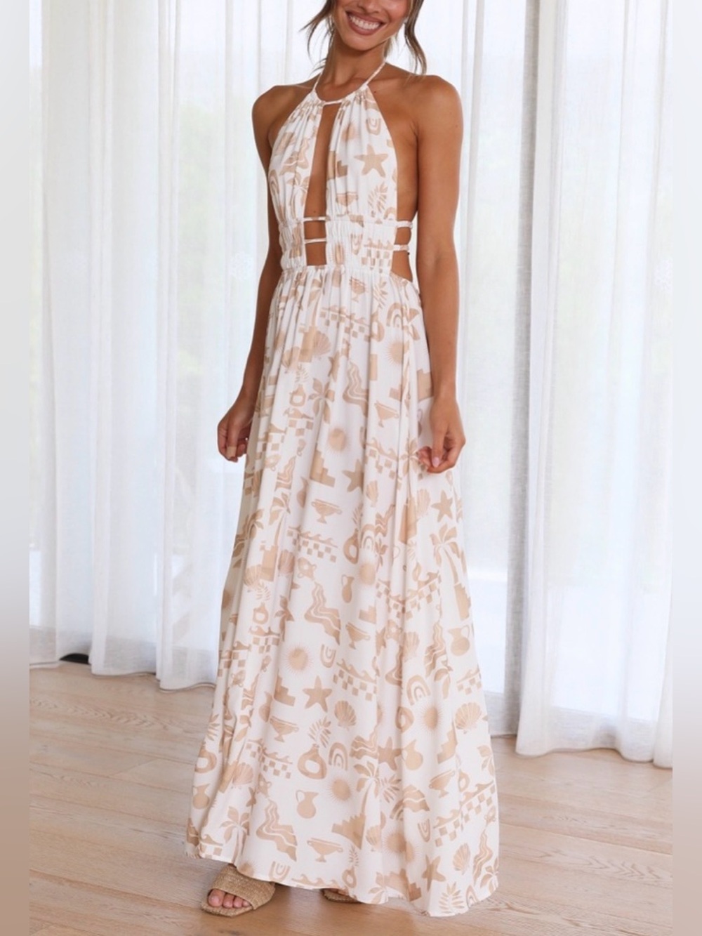 Seven Wonders Printed Halter Dress Maxi Cutout Open Back Strappy White Tan